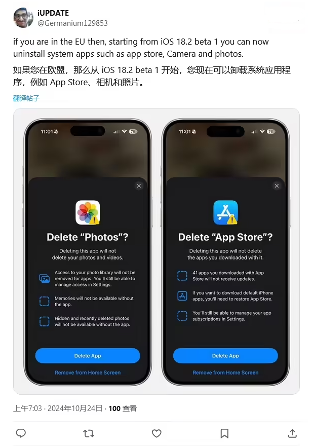 保定苹果手机维修分享iOS 18.2 支持删除 App Store 应用商店 