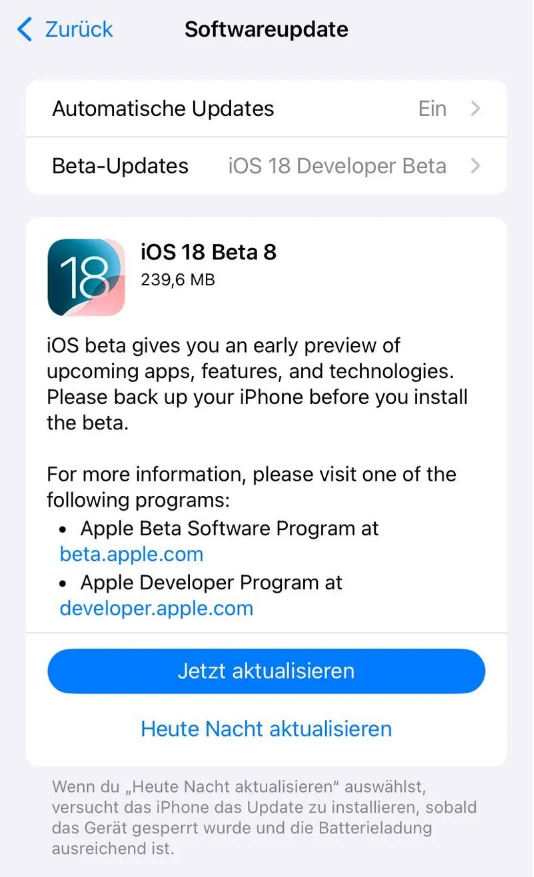 保定苹果手机维修分享苹果 iOS / iPadOS 18 开发者预览版 Beta 8 发布 